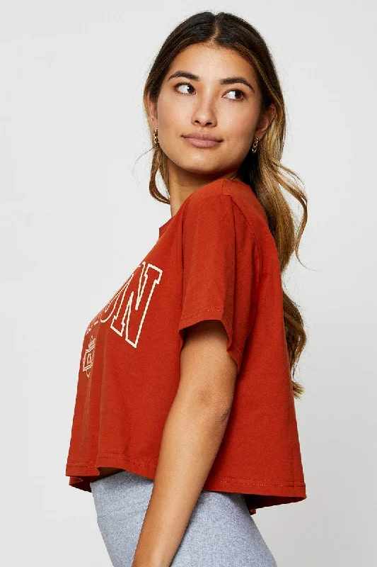 Brown Graphic T Shirt Short Sleeve Crop