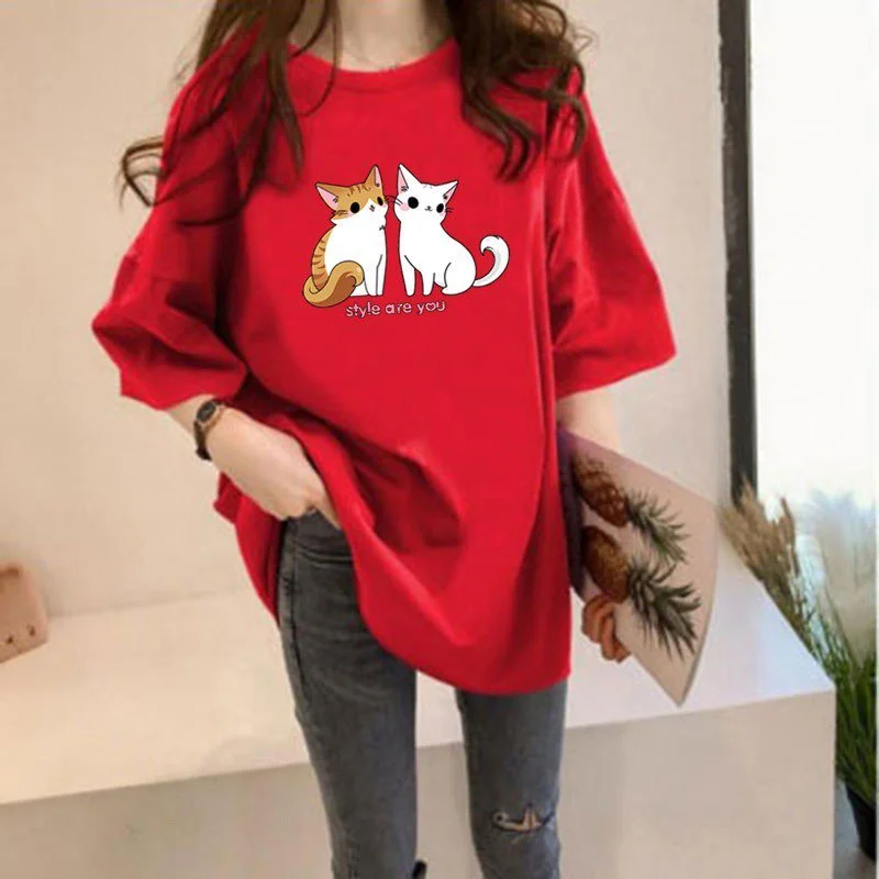 Cartoon Cotton-Blend Half Sleeve Shift Shirts & Tops