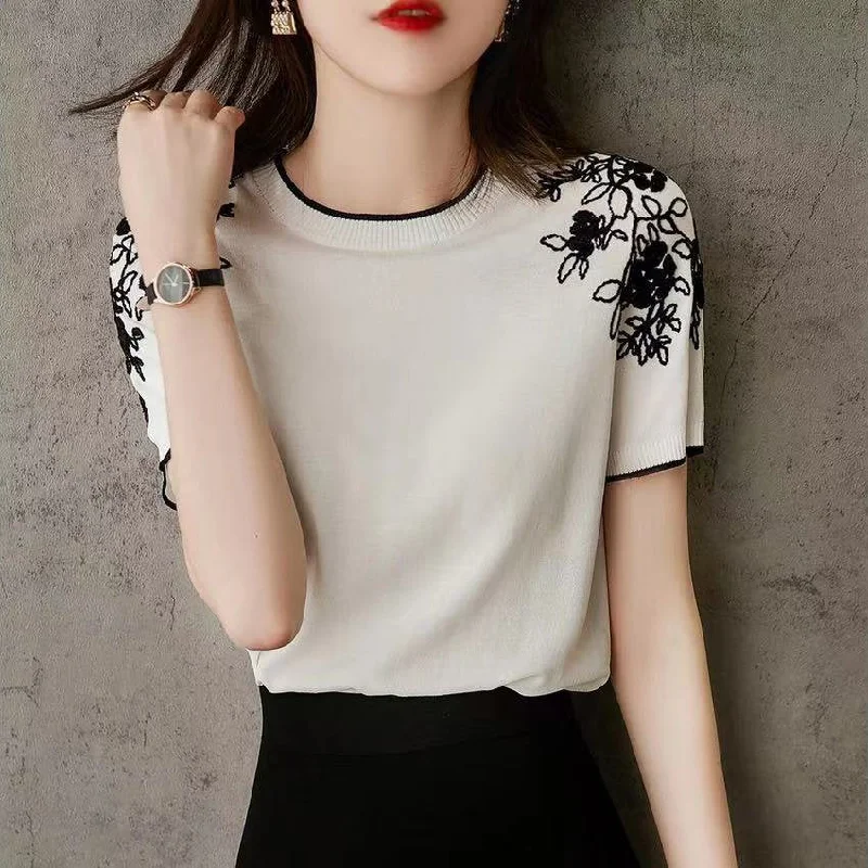 Casual Floral Short Sleeve Knitted Shirts & Tops