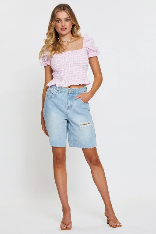 Check Crop T Shirt Short Sleeve Square Neck