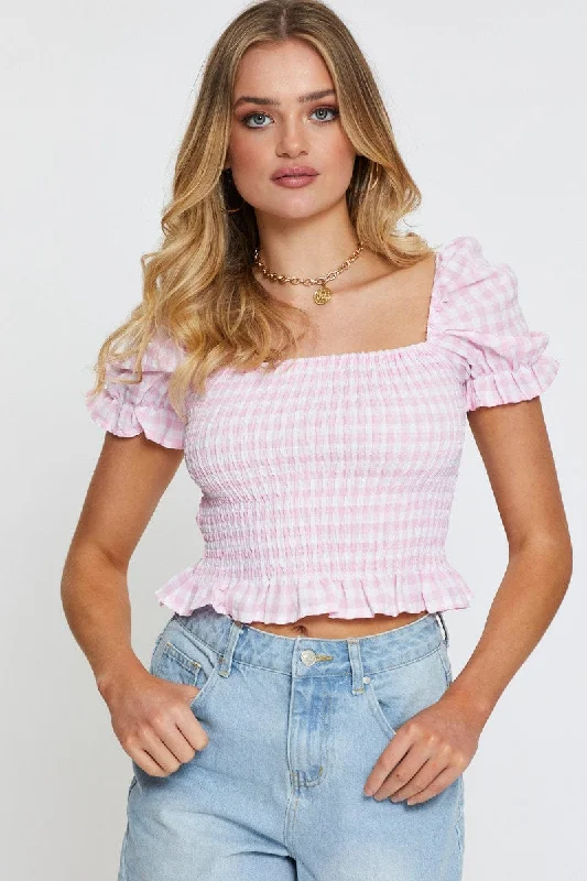 Check Crop T Shirt Short Sleeve Square Neck