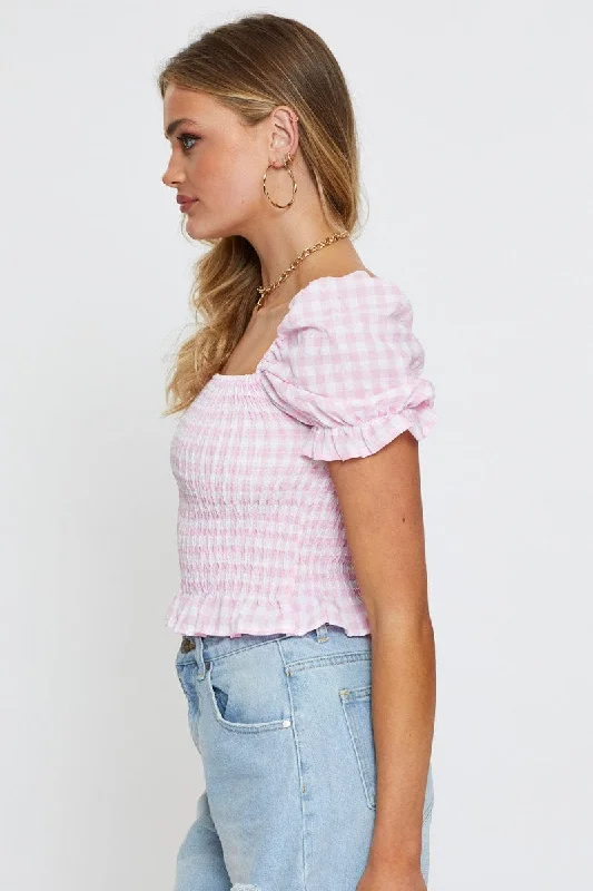 Check Crop T Shirt Short Sleeve Square Neck