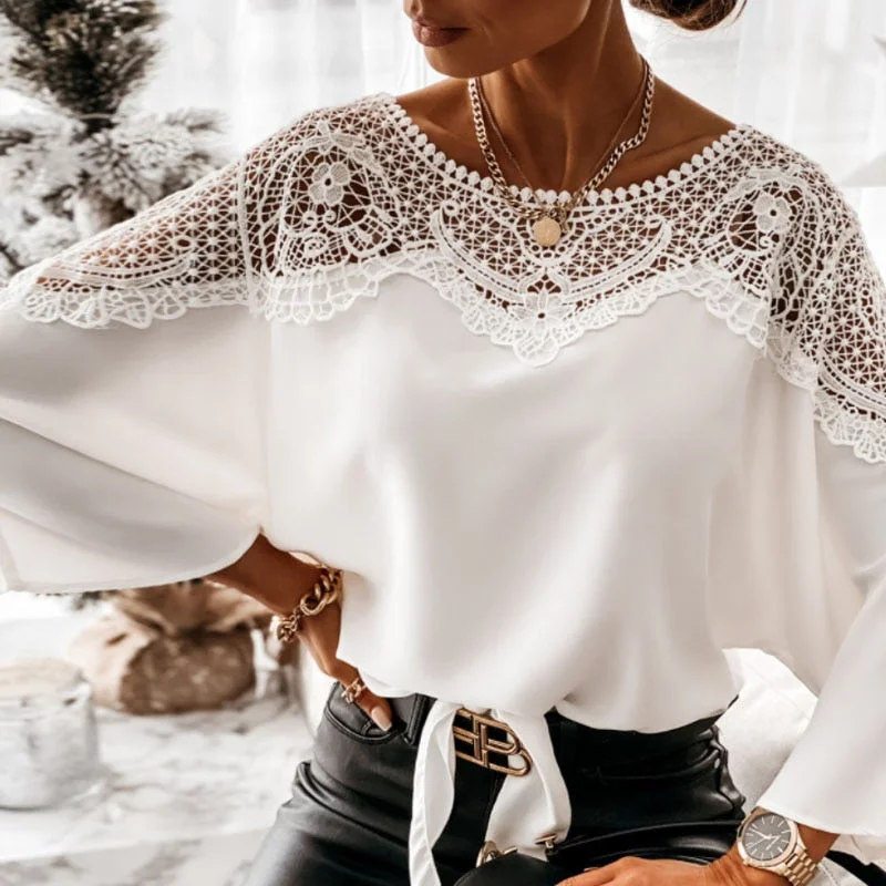 MegaBetty - Casual Women Batwing Sleeve Solid Blouse Elegant Spring Lace Crochet Hollow Out Shirts Office Ladies O Neck Pullover Tops Blusas