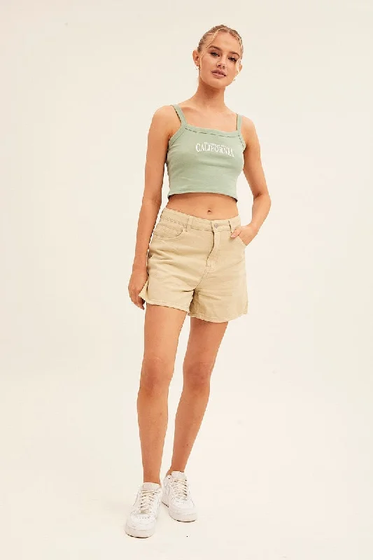 Green Crop Singlet Sleeveless Rib Embroidered