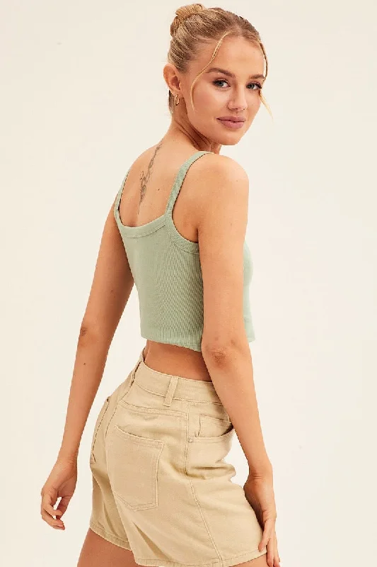 Green Crop Singlet Sleeveless Rib Embroidered