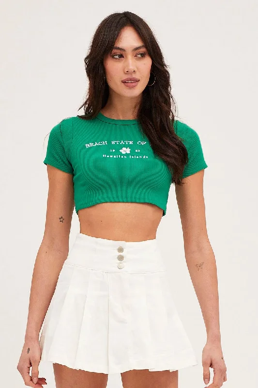 Green Embroidered Crew Neck Baby Tee