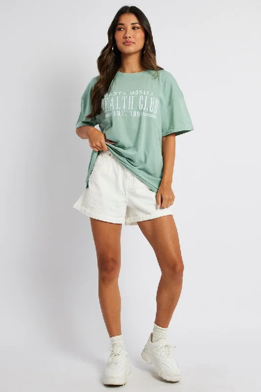 Green Graphic Tee Health Club Embroidery Slogan T-shirt