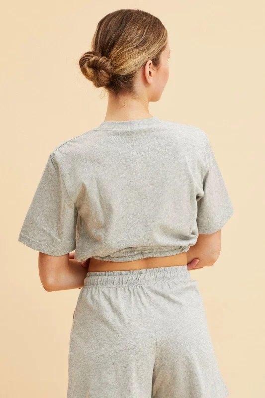 Grey Cropped T-Shirt Short Sleeve Drawstring Hem