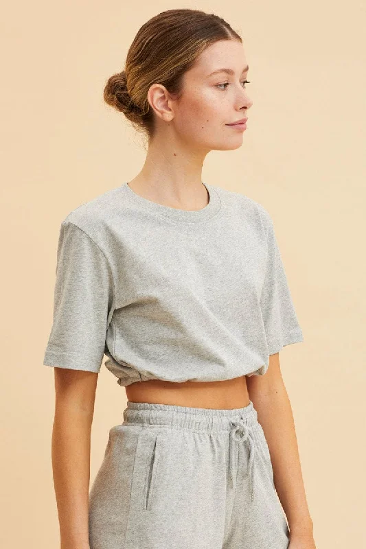 Grey Cropped T-Shirt Short Sleeve Drawstring Hem