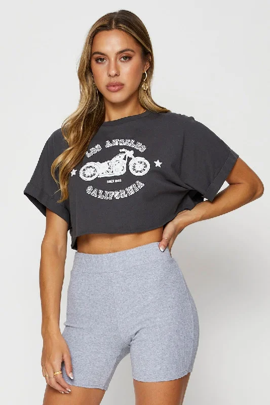 Grey Graphic T Shirt Short Sleeve Crop