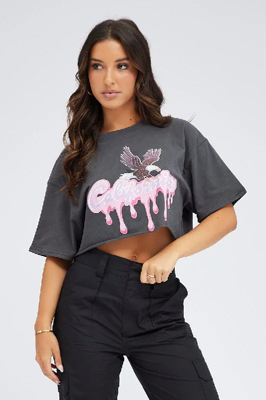 Grey Graphic Tee Crop Eagle California Slogan T-shirt