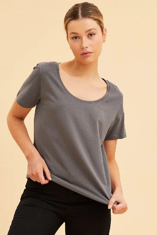 Grey Relaxed T-Shirt Scoop Neck Short Sleeve