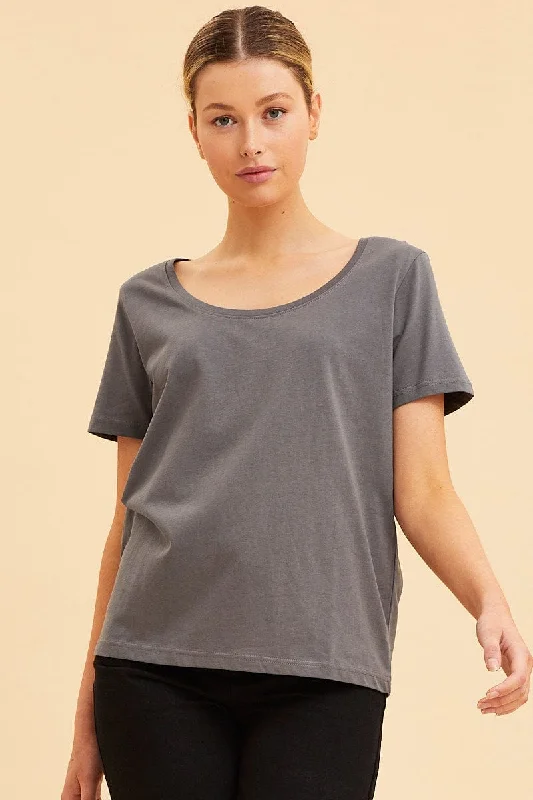 Grey Relaxed T-Shirt Scoop Neck Short Sleeve