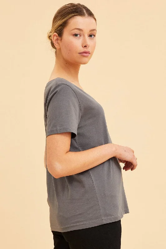 Grey Relaxed T-Shirt Scoop Neck Short Sleeve