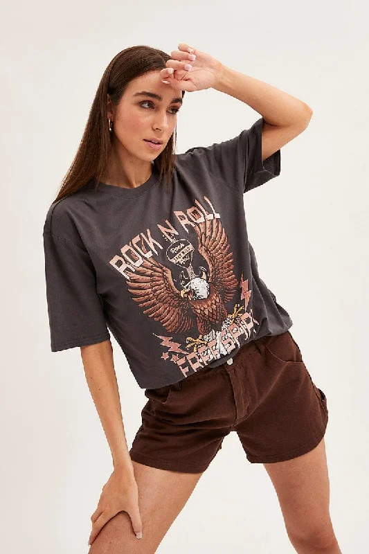 Grey T Shirt Short Sleeve Crew Neck Rock N' Roll Eagle