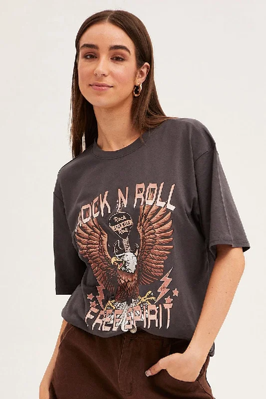 Grey T Shirt Short Sleeve Crew Neck Rock N' Roll Eagle