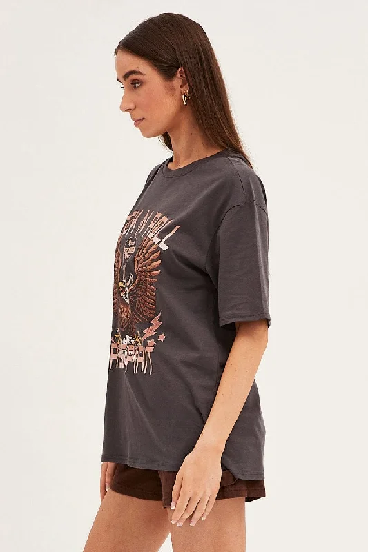 Grey T Shirt Short Sleeve Crew Neck Rock N' Roll Eagle