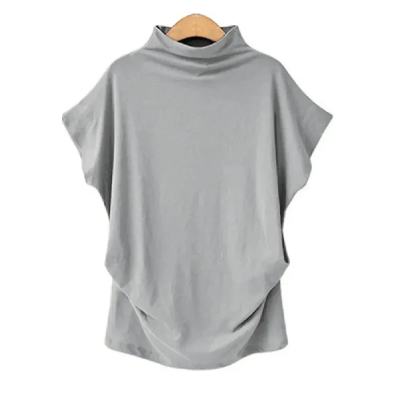 Large Women's Half High Neck Bat Sleeve Top Solid Color Polyester Cotton Loose S