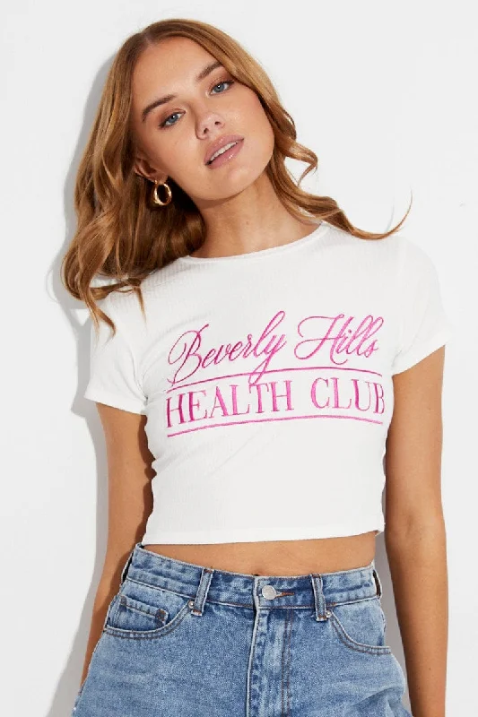 Pink Crop Tee Embroidered Beverly Hills Slogan Tshirt