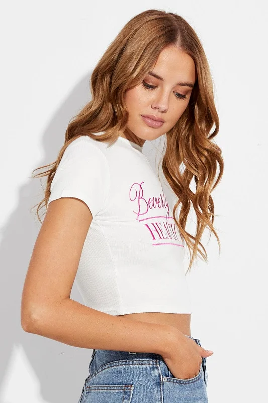 Pink Crop Tee Embroidered Beverly Hills Slogan Tshirt