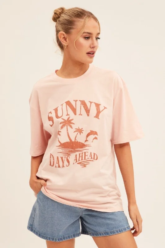 Pink Graphic T Shirt Short Sleeve Crew Neck