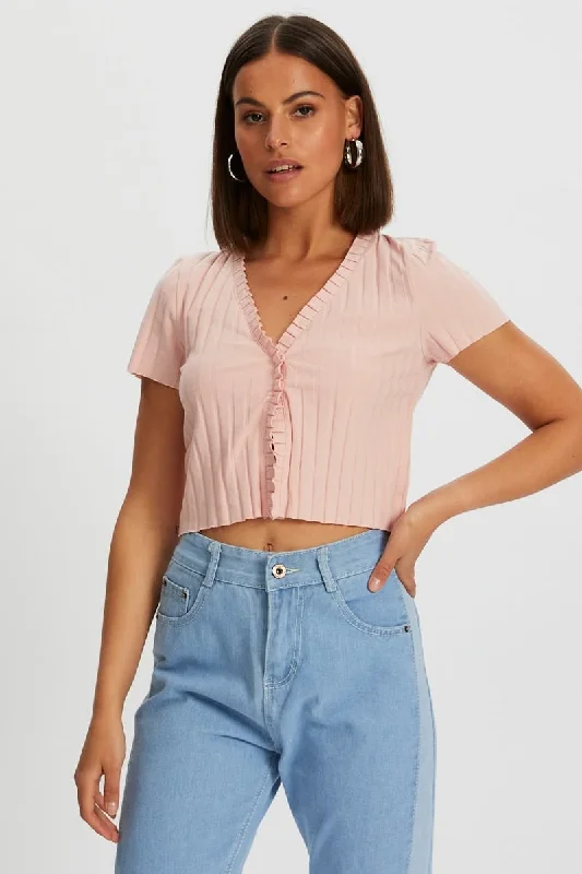 Pink Ribbed Open Front Top