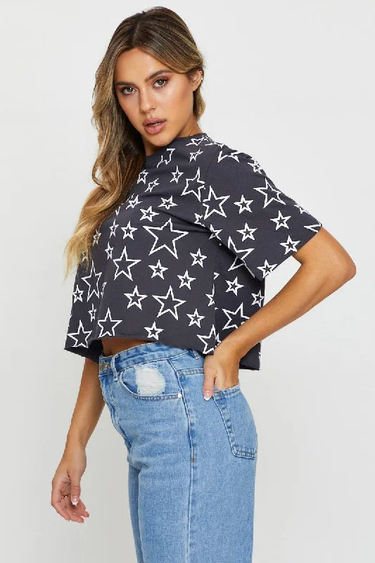 Print Short Sleeve Jersey All Over Star Print T Shirt