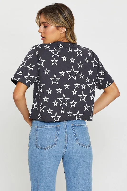 Print Short Sleeve Jersey All Over Star Print T Shirt