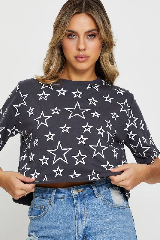 Print Short Sleeve Jersey All Over Star Print T Shirt