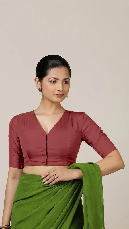 Begum x Rozaana | Elbow Sleeves Saree Blouse in Auburn Red