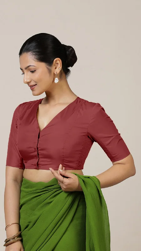 Begum x Rozaana | Elbow Sleeves Saree Blouse in Auburn Red