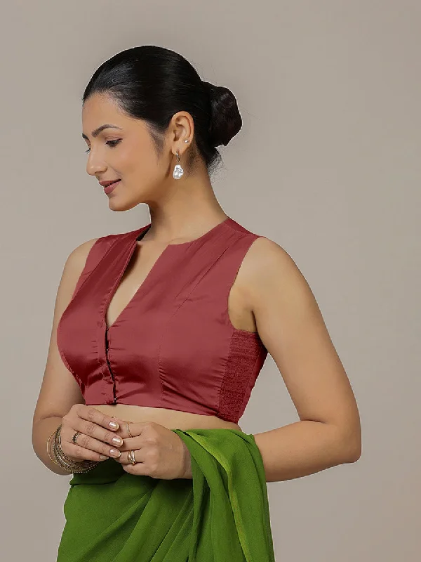 Veena x Rozaana | Sleeveless Saree Blouse in Auburn Red