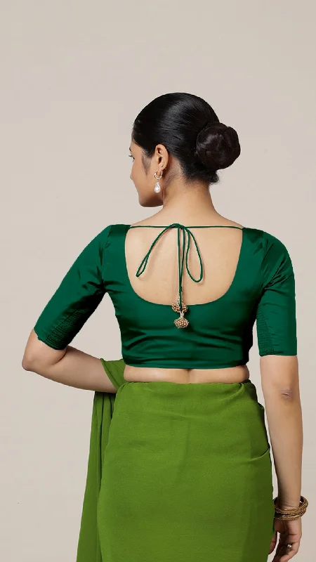 Anisha x Rozaana | Elbow Sleeves Saree Blouse in Bottle Green