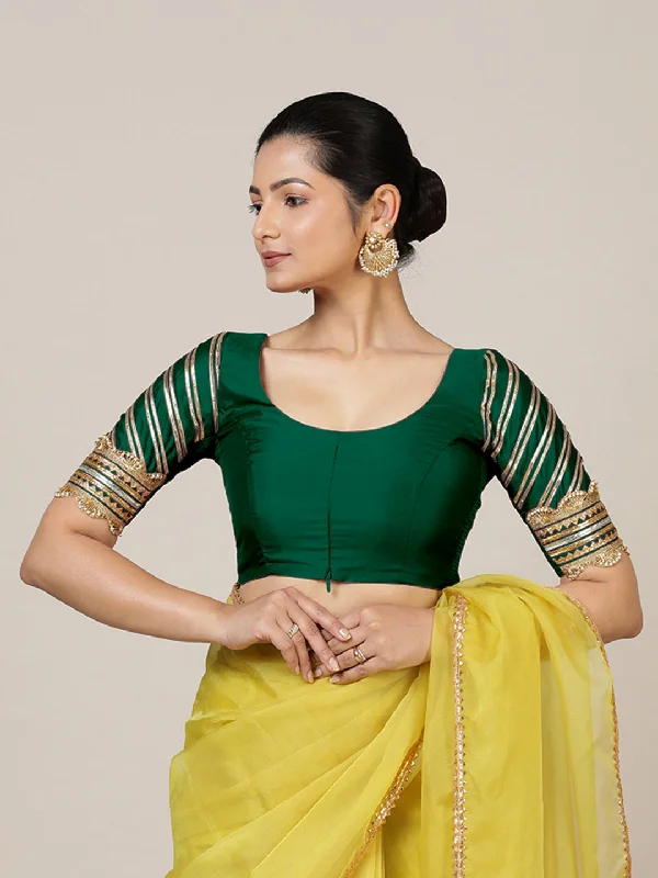 Anisha x Tyohaar | Elbow Sleeves Saree Blouse in Bottle Green