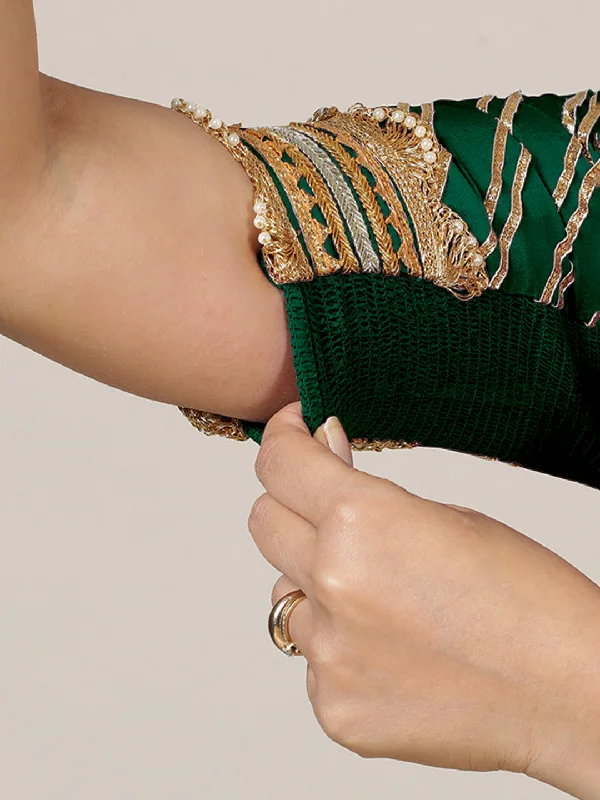 Anisha x Tyohaar | Elbow Sleeves Saree Blouse in Bottle Green