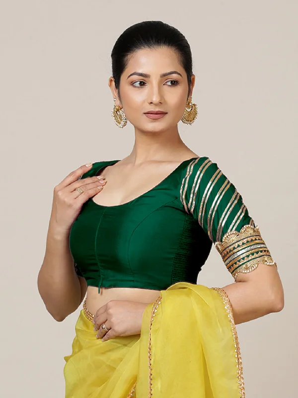 Anisha x Tyohaar | Elbow Sleeves Saree Blouse in Bottle Green