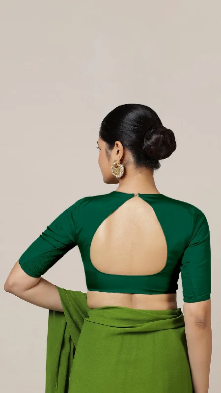 Aziza x Rozaana | Elbow Sleeves Saree Blouse in Bottle Green