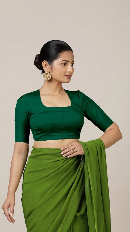 Aziza x Rozaana | Elbow Sleeves Saree Blouse in Bottle Green