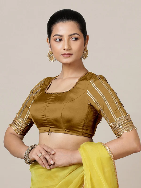 Aziza x Tyohaar | Elbow Sleeves Saree Blouse in Bronze Gold