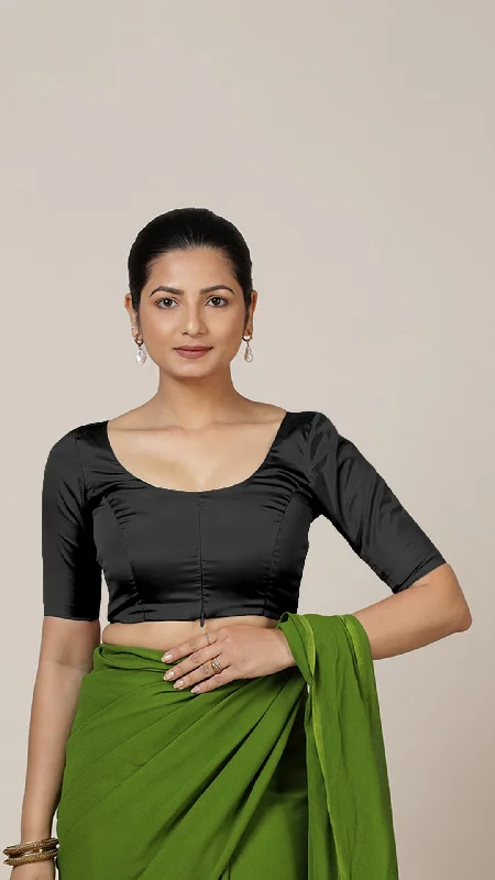 Anisha x Rozaana | Elbow Sleeves Saree Blouse in Charcoal Black