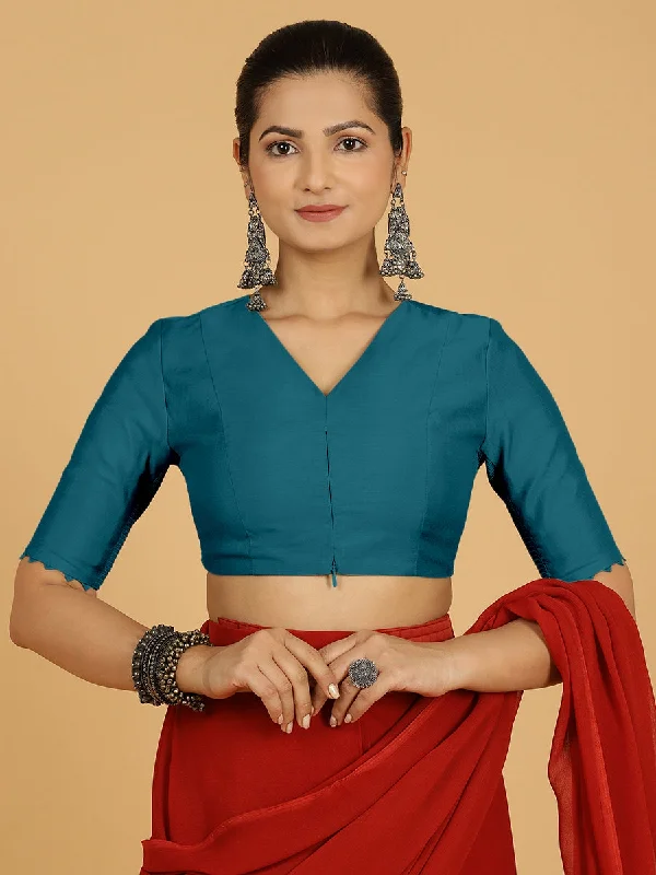 Divya x Rozaana | Elbow Sleeves Saree Blouse in Crystal Teal