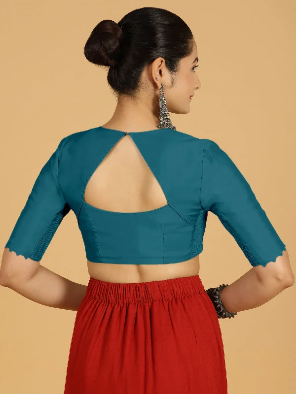 Divya x Rozaana | Elbow Sleeves Saree Blouse in Crystal Teal