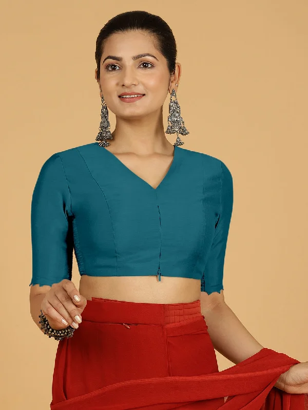 Divya x Rozaana | Elbow Sleeves Saree Blouse in Crystal Teal