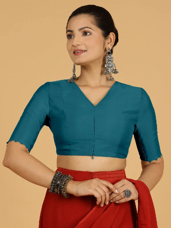 Divya x Rozaana | Elbow Sleeves Saree Blouse in Crystal Teal