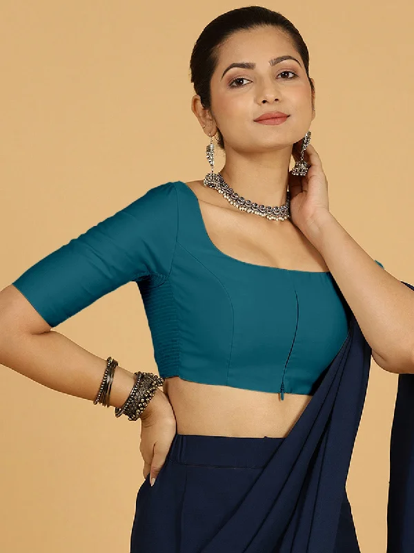 Nidhi x Rozaana | Elbow Sleeves Saree Blouse in Crystal Teal