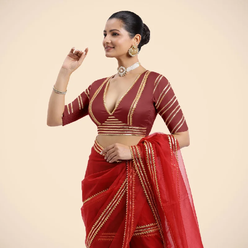 Navya x Tyohaar | Auburn Red Elbow Sleeves FlexiFit™ Saree Blouse with Plunging V Neckline with Tasteful Golden Gota Lace