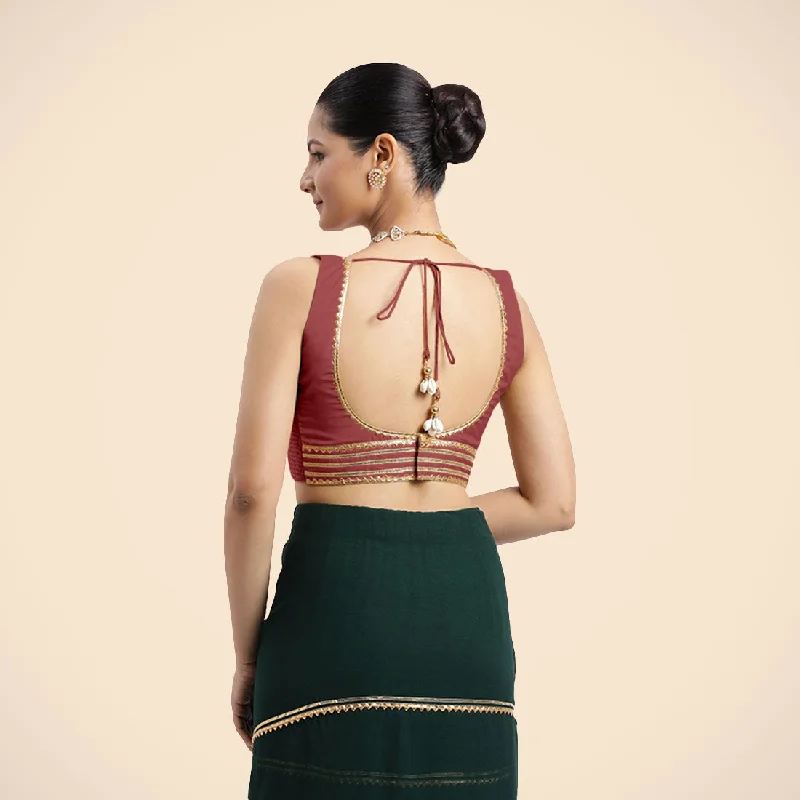 Tanvi x Tyohaar | Auburn Red Sleeveless FlexiFit™ Saree Blouse with Square Front Neck and Deep Back with Dori and Golden Gota Embellishment