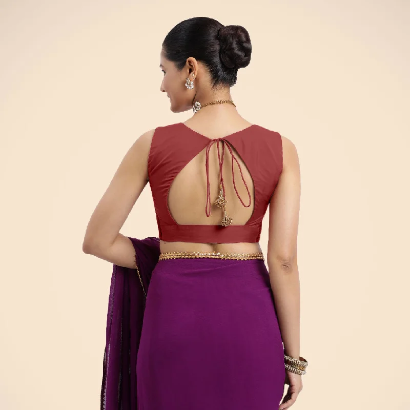 Nazia x Rozaana | Auburn Red Sleeveless FlexiFit™ Saree Blouse with Front Open Curved V Neckline with Deep Back and Dori