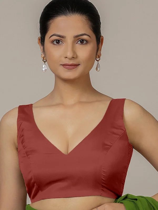 Raisa x Rozaana | Auburn Red Sleeveless FlexiFit™ Saree Blouse with Simple V Neckline and Back Cut-out with Tie-Up