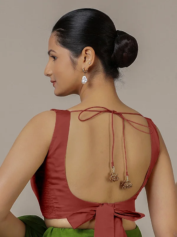 Raisa x Rozaana | Auburn Red Sleeveless FlexiFit™ Saree Blouse with Simple V Neckline and Back Cut-out with Tie-Up